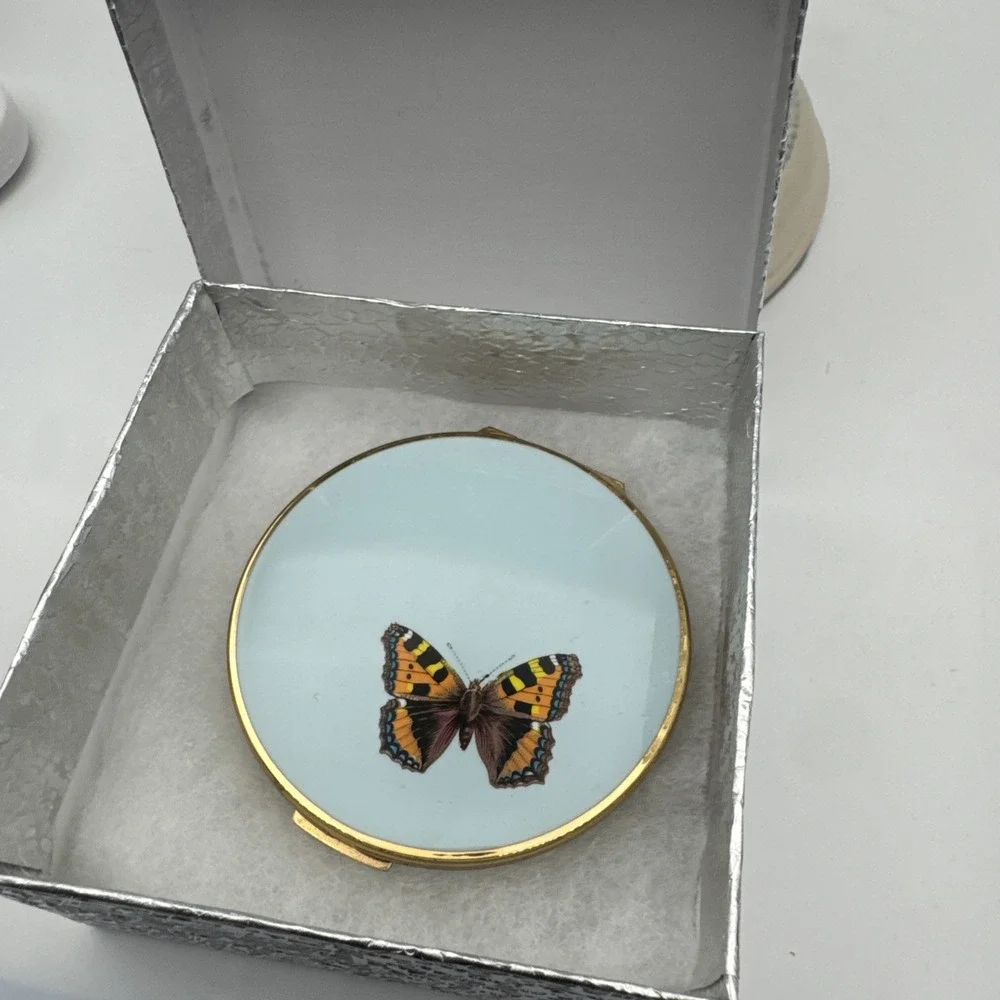 Vintage 1970's Stratton England Double Mirror Compact Butterfly Floral Baby Blue